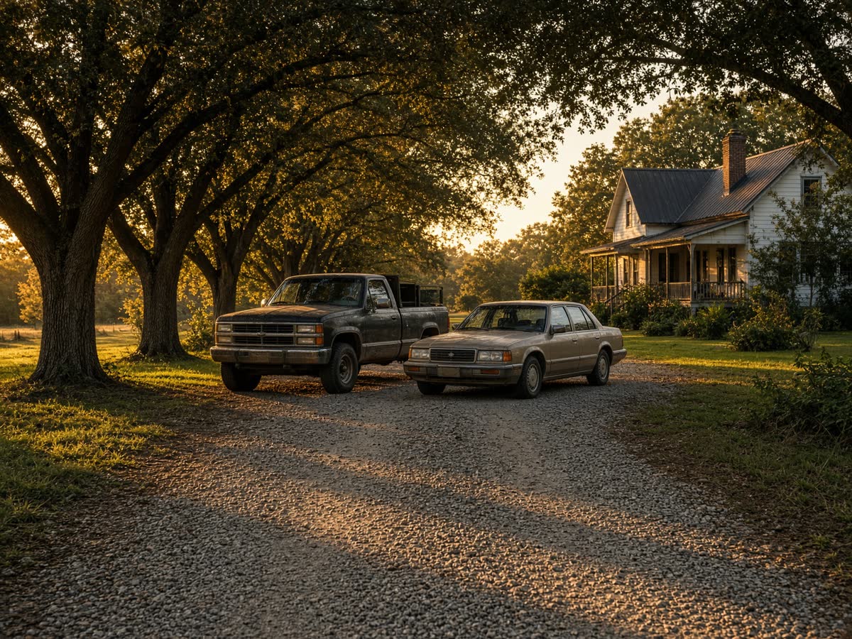 Pickup and sedan parked under pecan trees on a Georgia farm driveway
