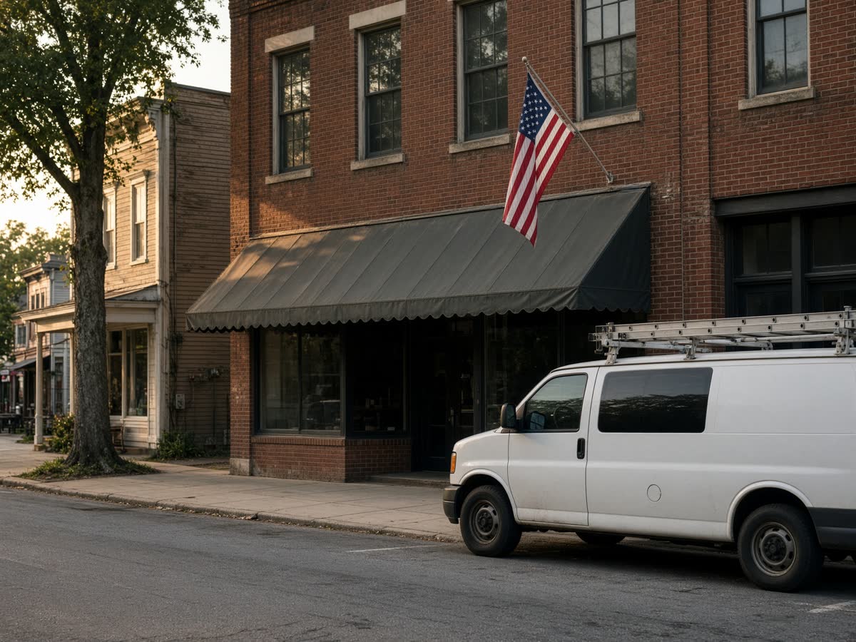 Small-town brick storefront with a contractor van at the curb