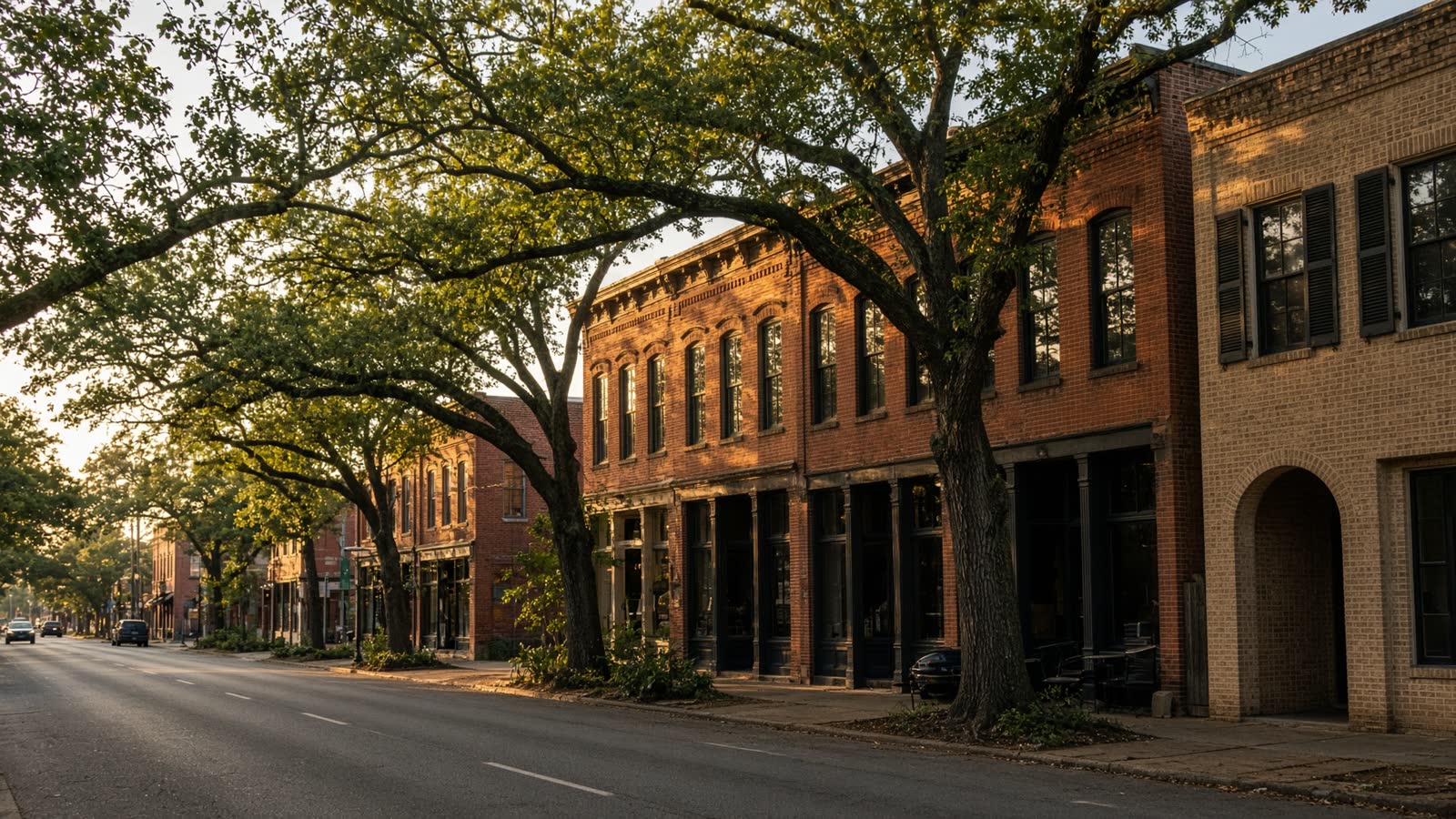 Historic brick downtown street in small-town Georgia