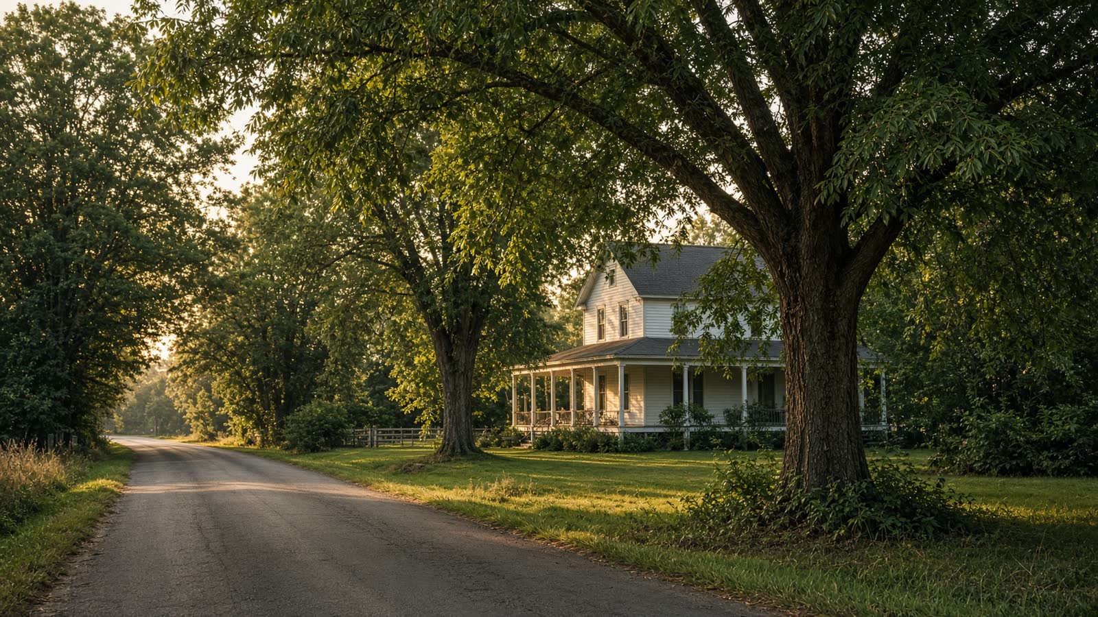 Pecan-lined country road and a white farmhouse in Middle Georgia at golden hour