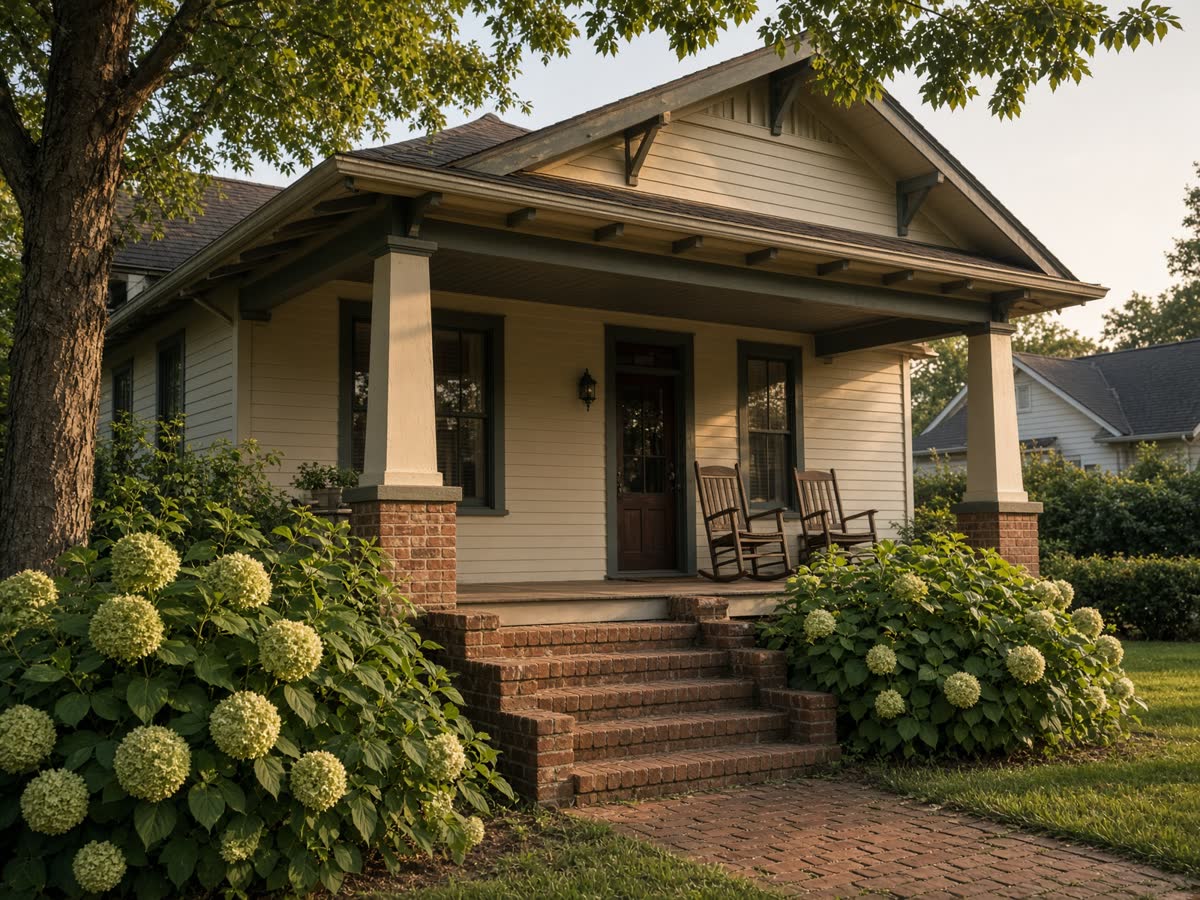 Southern craftsman porch with rocking chairs and hydrangeas