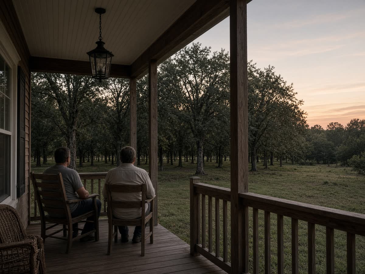 Couple on a farmhouse porch at dusk looking toward pecan groves