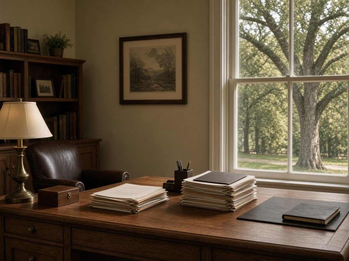 Independent agency office with an oak desk and pecan trees outside the window
